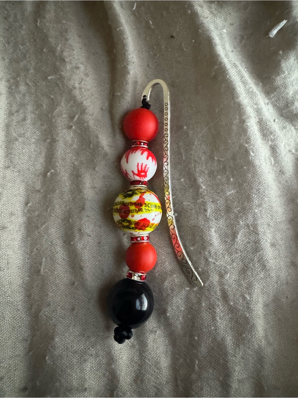Handcrafted Red, Black & Yellow Beaded Bookmark with Silver Hook